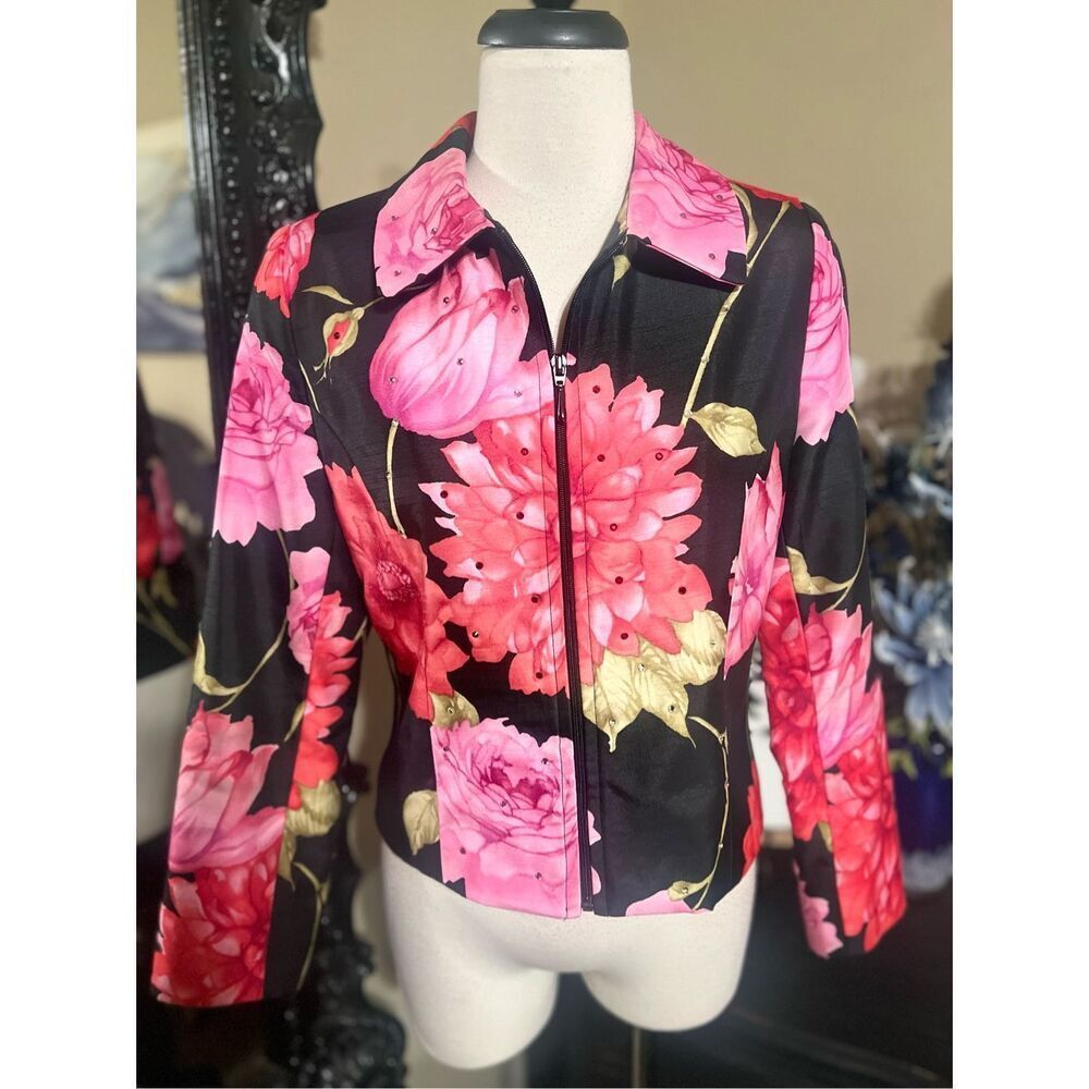Lorizoni Floral Rhinestone Jacket Women’s Small Black Pink Statement Zip Blazer